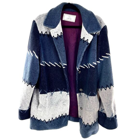 Vintage women's fleece striped satin lined coat double breasted blue grey size L - Picture 5 of 10